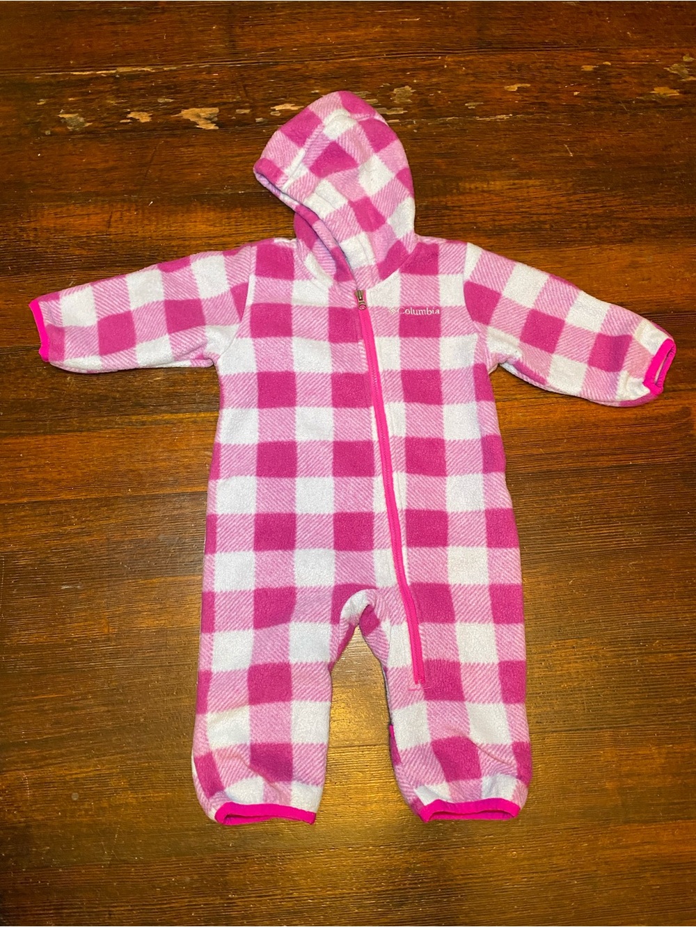 EUC Columbia Pink & White Plaid Hooded Fleece One-Piece Bunting for Kids